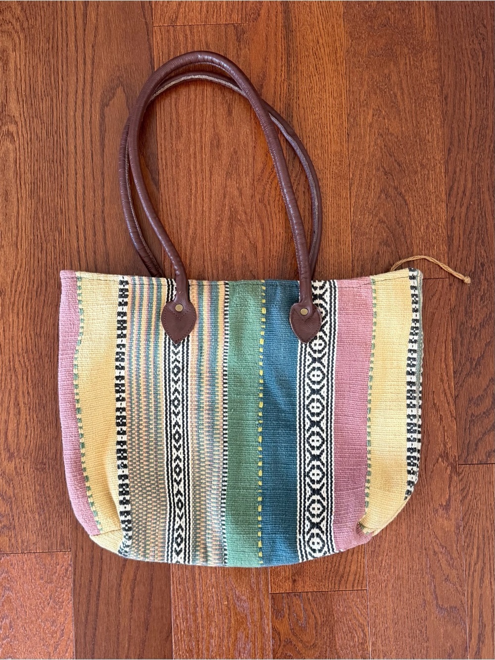 Sun N Sand Woven Saddle Blanket Tote Bag with Brown Leather Handles